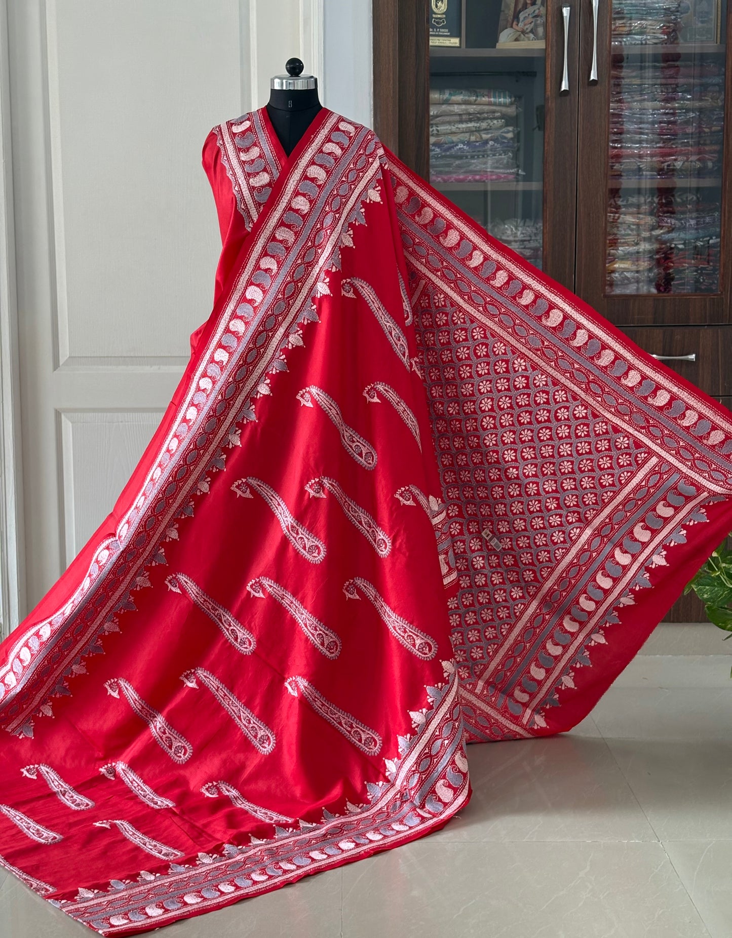 Red Kantha Stitch Hand Embroidered Pure Banglore Silk Saree (Silk Marked)