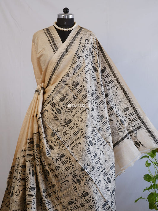 Kantha Stitch Hand Embroidered Saree | Gachi Tussar Silk | Beige