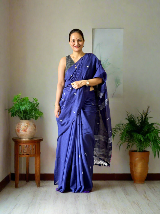 Handloom marked pure Mul Cotton Saree - Navy Blue