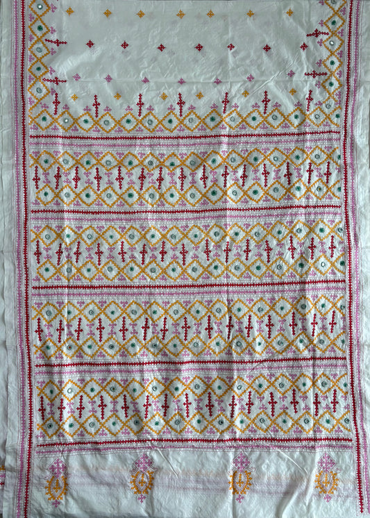 Heavy real mirror work Gujrati Stitch/Kutchi Bharat/Sindhi Hand Embroidered Art Silk Saree with blouse - white
