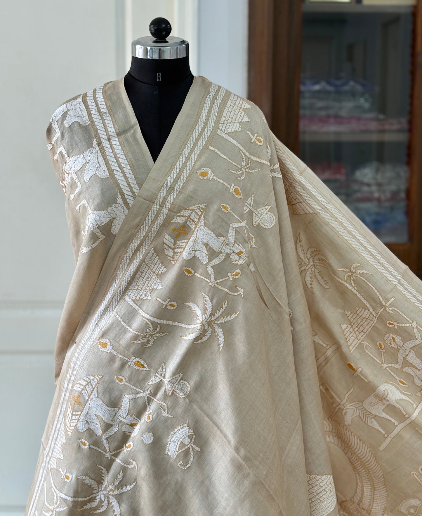 Kantha Hand Embroidery Pure Tussar Silk Saree – light beige