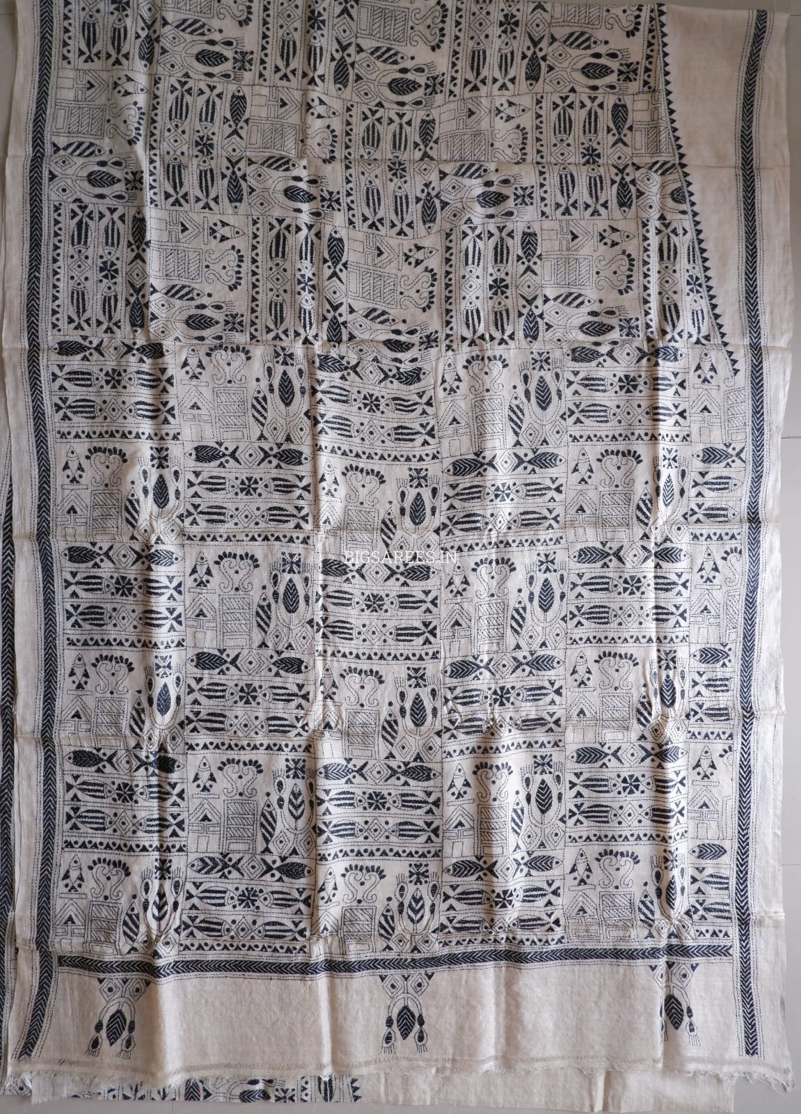 Kantha Stitch Hand Embroidered Saree | Gachi Tussar Silk | Beige