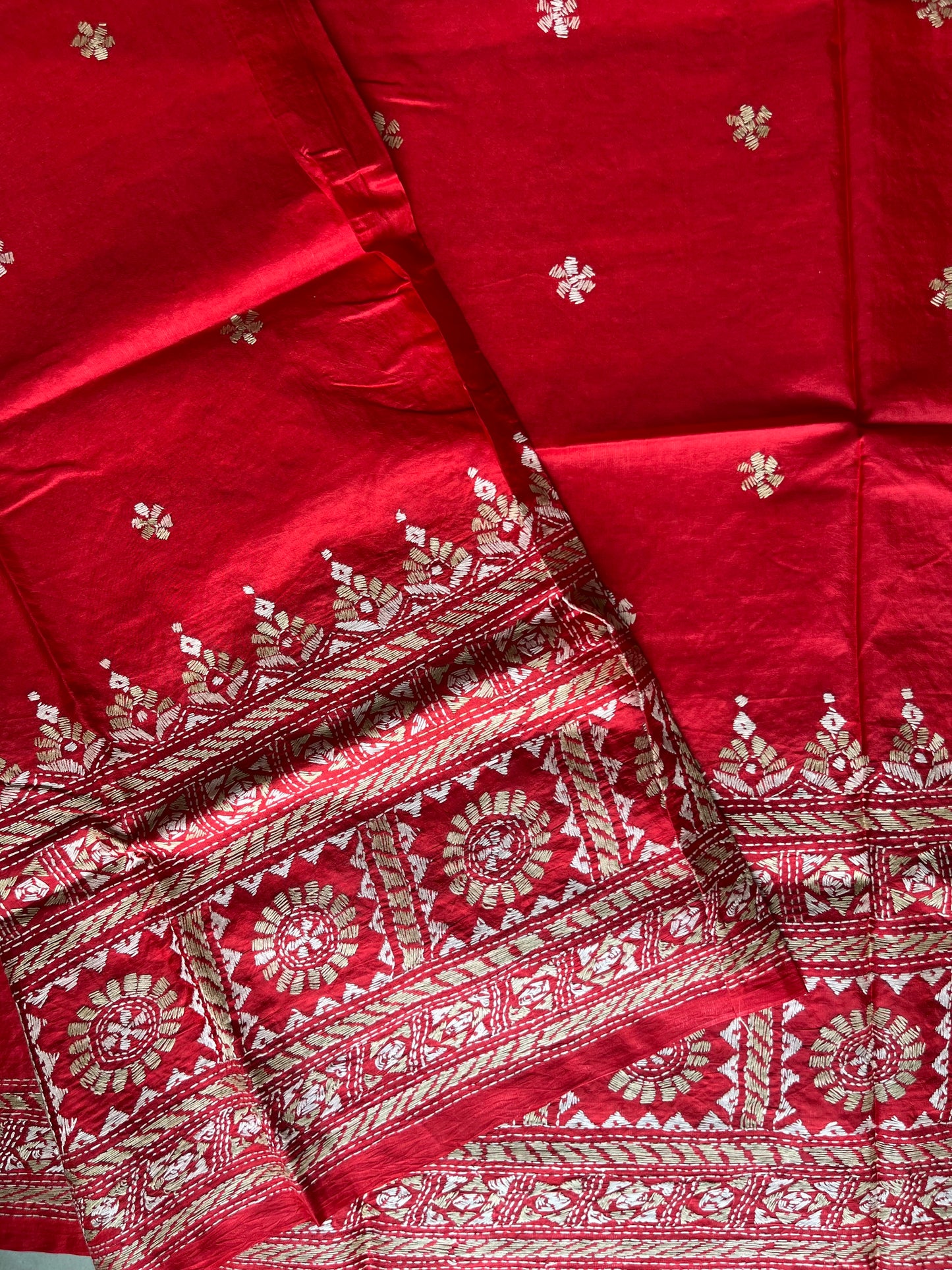 Red Kantha Hand Embroidered Pure Banglore Silk Saree