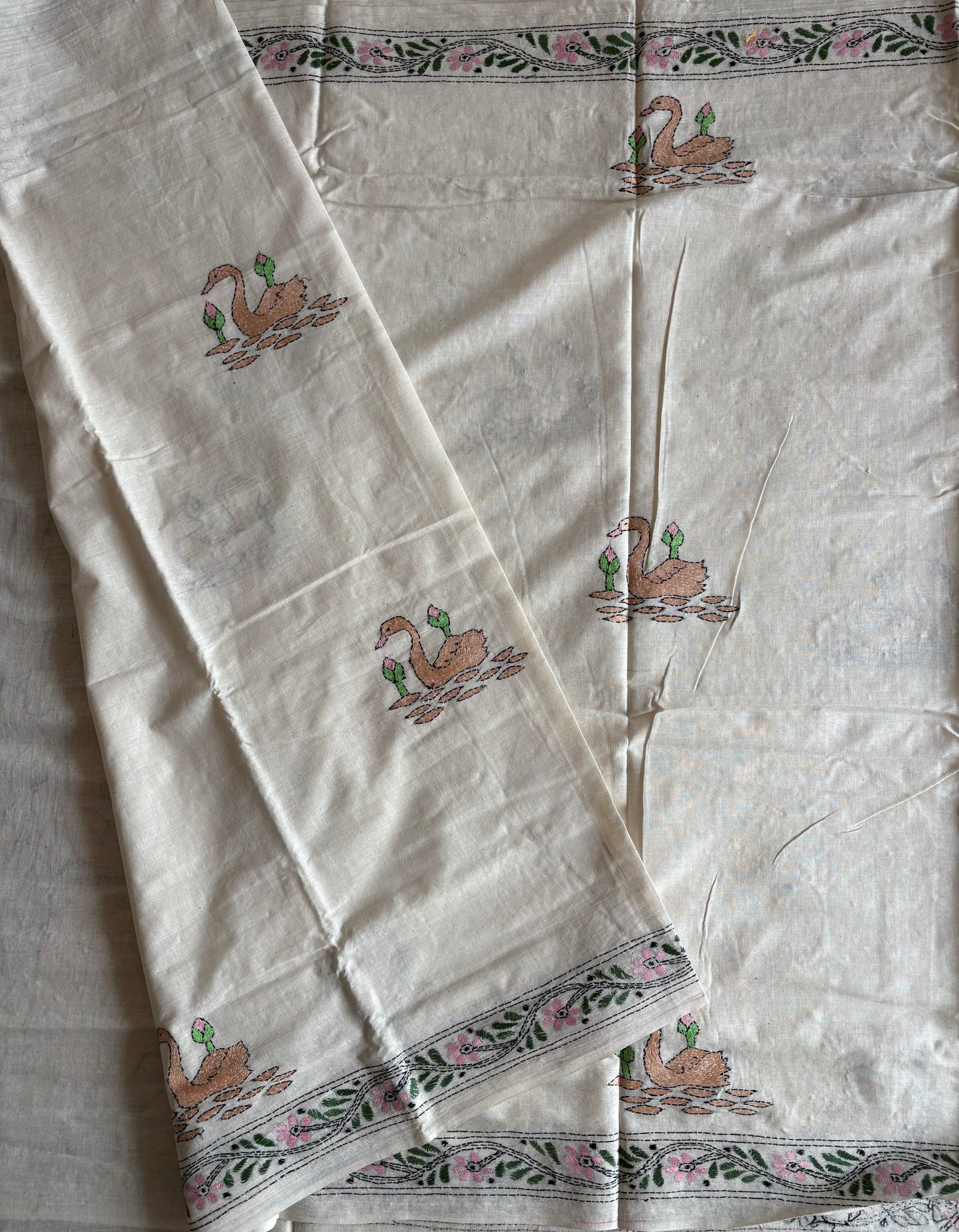 Kantha stitch Khadi Cotton Saree - Off white