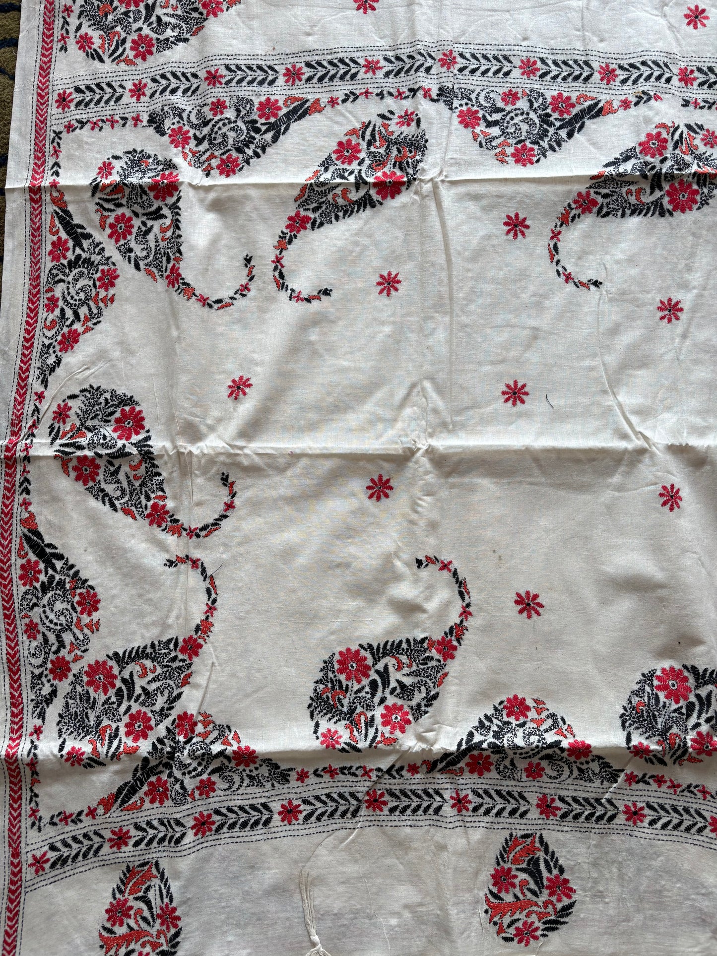 Kantha stitch Khadi Cotton Saree - Off white
