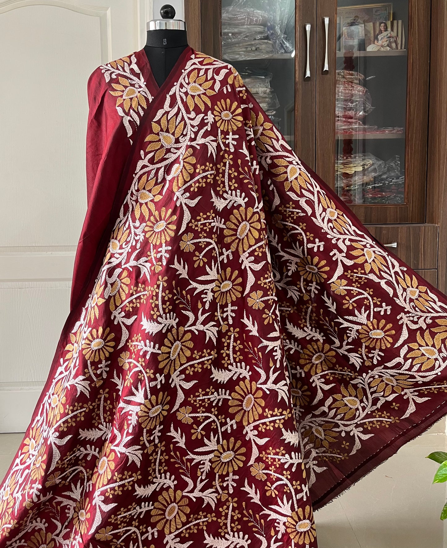 Maroon Kantha Stitch Hand Embroidered Pure Banglore Silk Saree