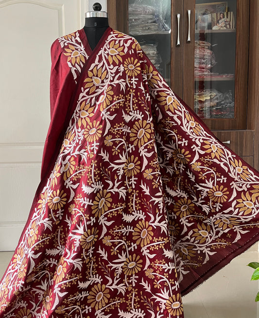 Maroon Kantha Stitch Hand Embroidered Pure Banglore Silk Saree