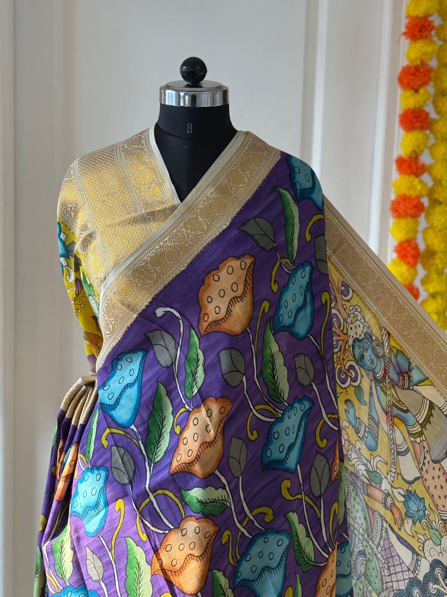 Pen Kalamkari hand painted Banglore Silk Saree with blouse