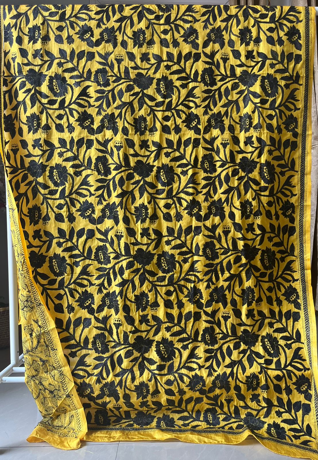 Yellow Kantha Stitch Hand Embroidary Full Work Blended Banglore Silk Dupatta 44″