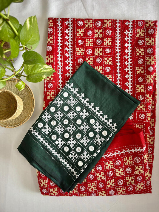 Red Kutch Hand Embroidered Blended Banglore Silk/Art Silk Saree