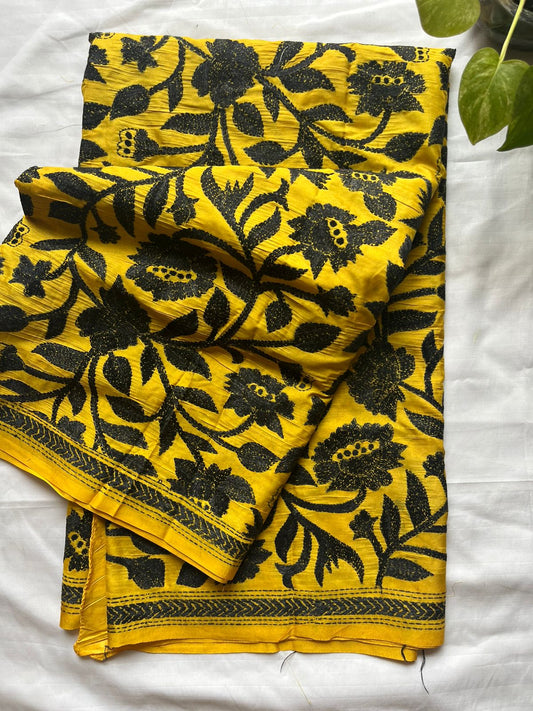 Yellow Kantha Stitch Hand Embroidary Full Work Blended Banglore Silk Dupatta 44″