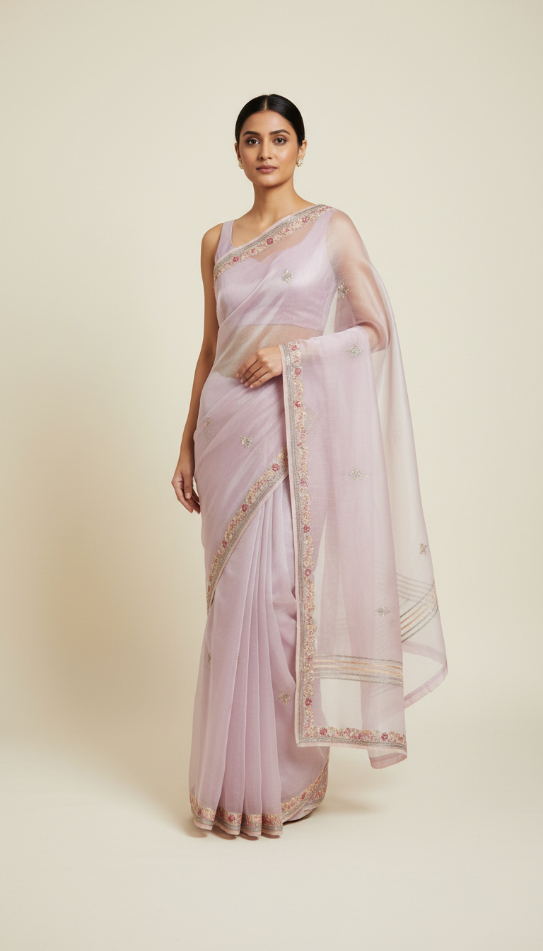 Lavender blush hand-finished organza saree