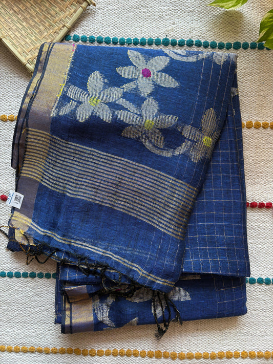 Handloom woven pure Linen By Linen Lata Saree – Blue (Handloom Marked)