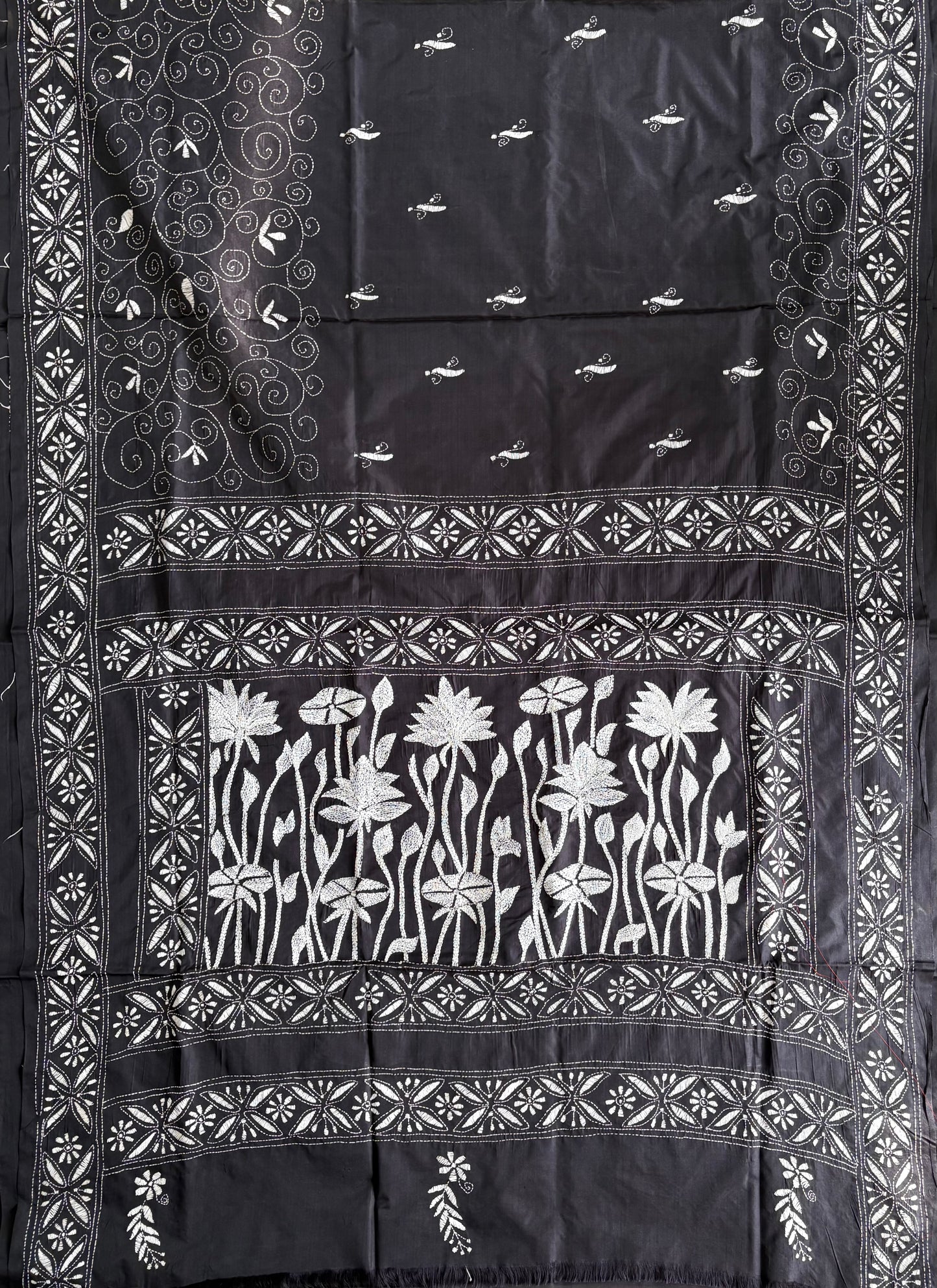 Kantha Stitch Hand Work Embroidered Art Silk Saree With Blouse