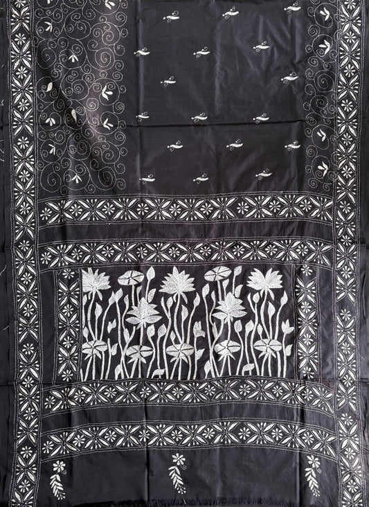 Kantha Stitch Hand Work Embroidered Art Silk Saree With Blouse