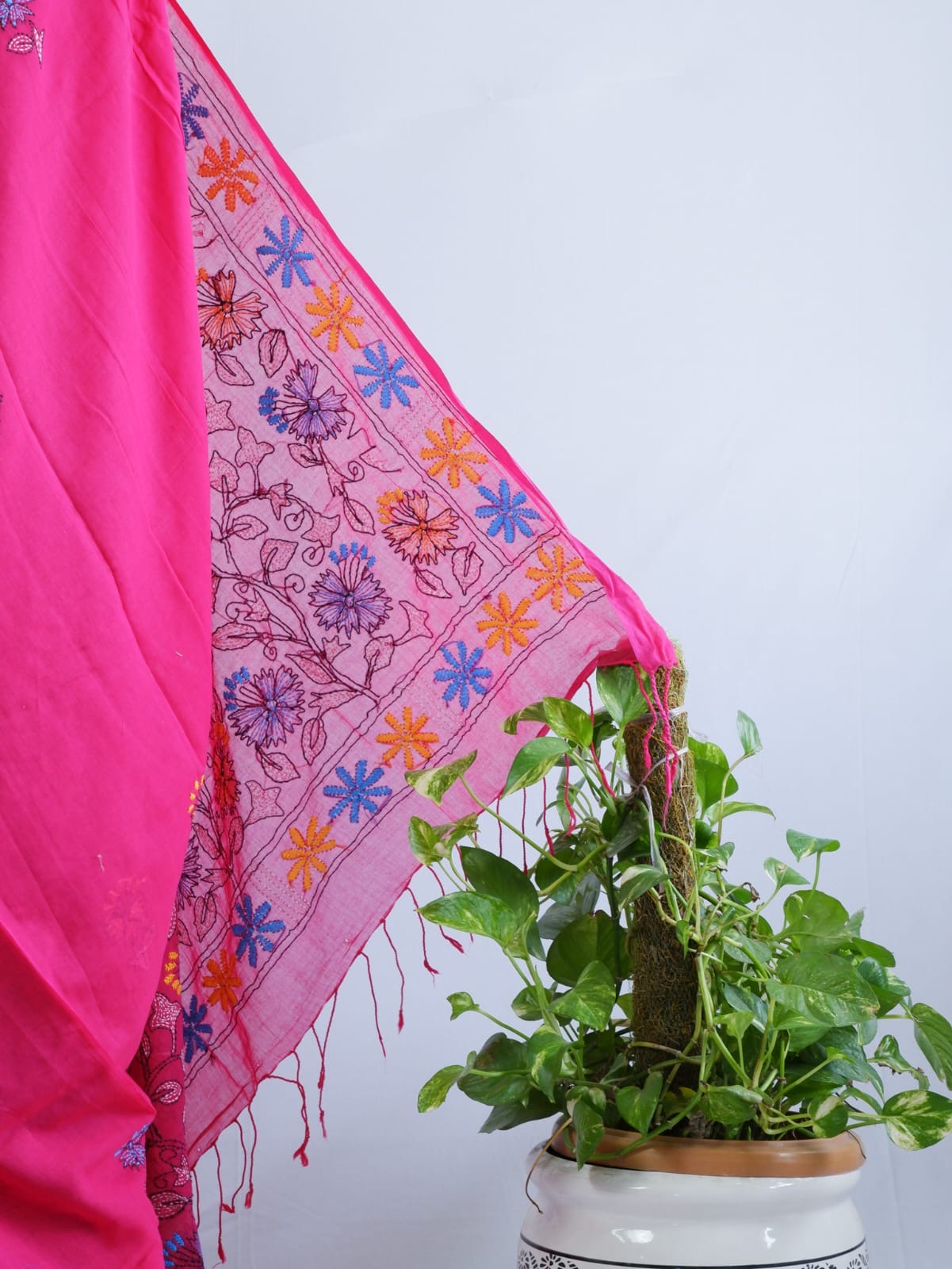 Kantha stitch Hand Embroidered Pure mul Cotton Saree
