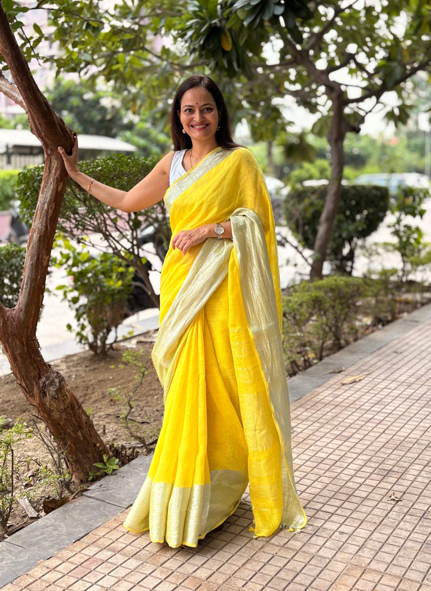 Yellow Silver pure Linen By Linen Saree With running Blouse