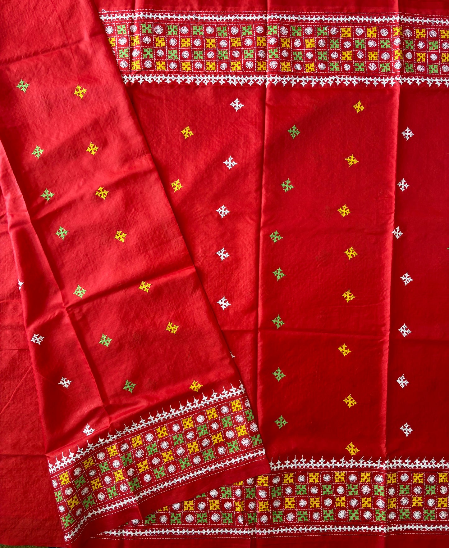 Gujrati Stitch/Kutch Hand Embroidered Art Silk Saree