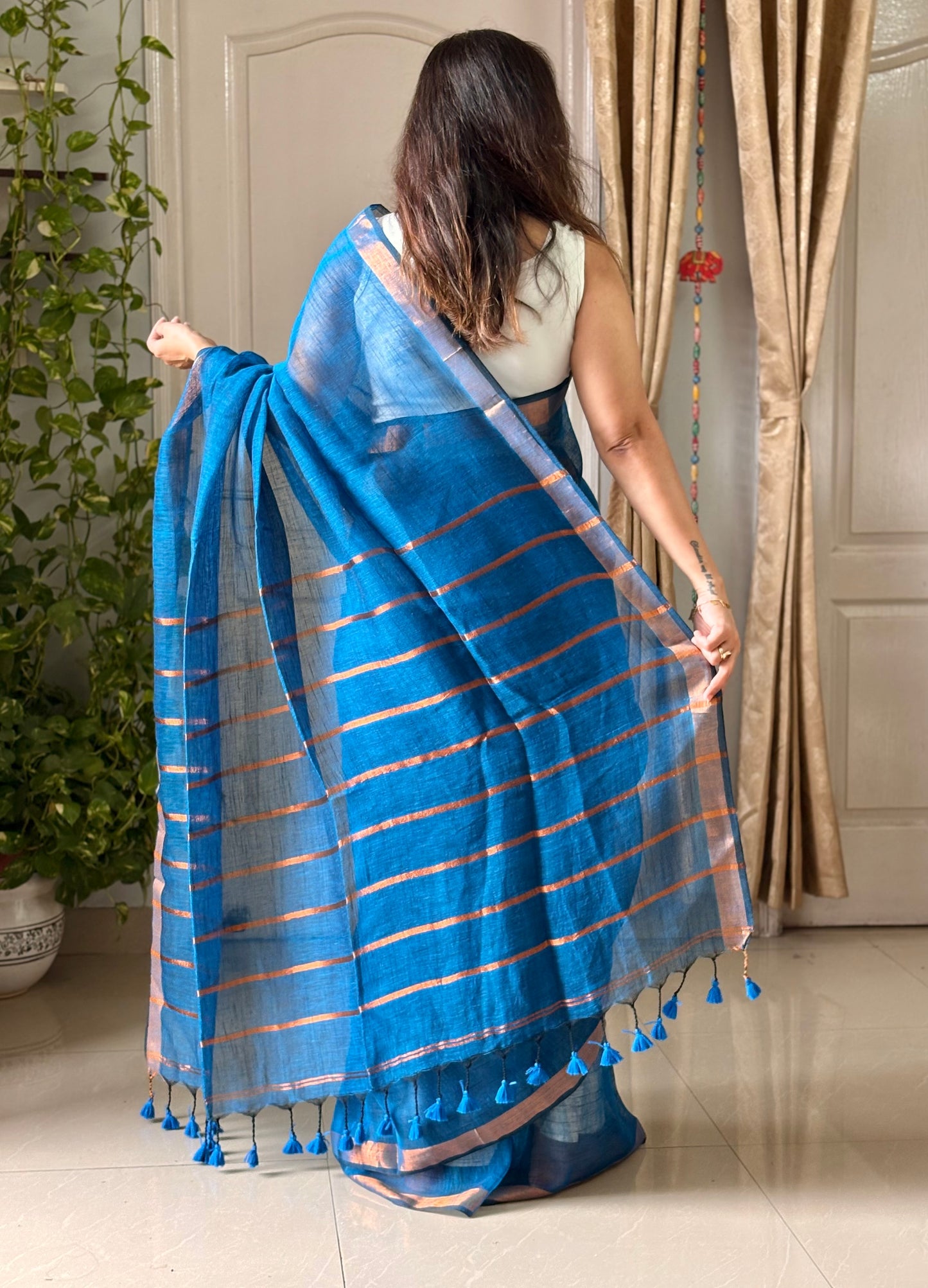 Blue Linen By Linen Saree With Blouse