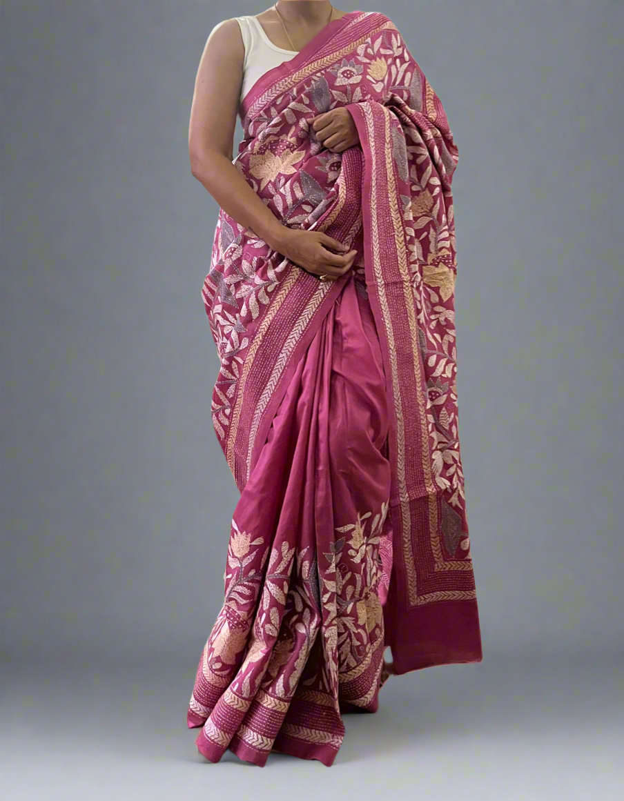 Pink Kantha Hand Embroidered Pure Banglore Silk Saree (Silk Marked)