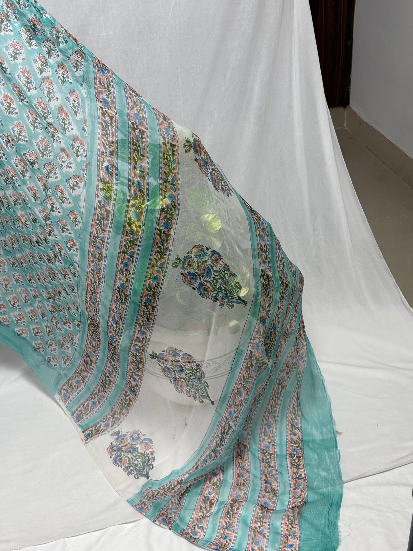 Hand Block Print Saree | Pure Chiffon | Sea Green