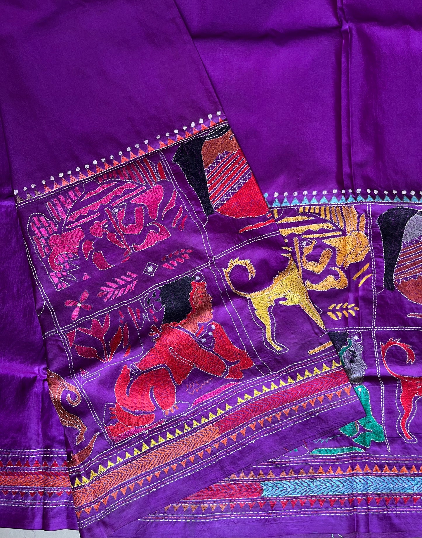 Purple Kantha Hand Embroidary Pure Banglore Silk Saree