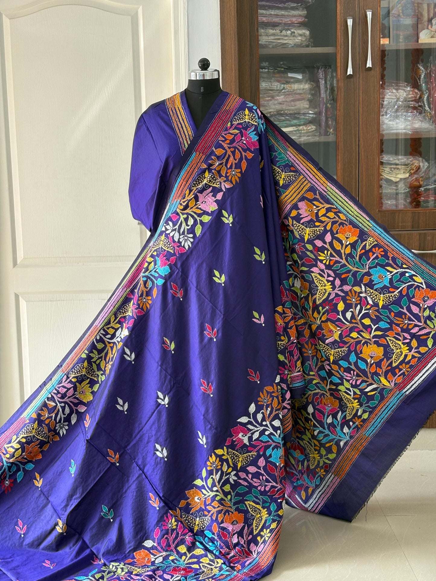 Kantha Hand Embroidered Pure Banglore Silk Saree (Silk Marked)
