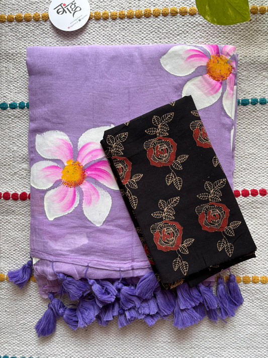 Hand Painted Mul Cotton Saree with Blouse | Faded Purple