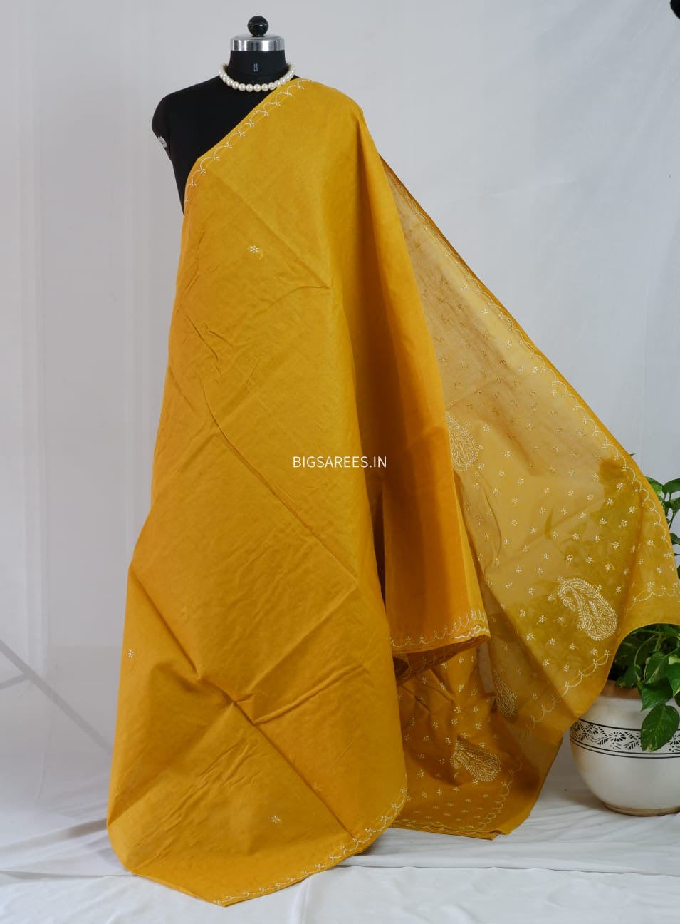 Chikankari Hand-Embroidered Saree | Cotton | Mustard