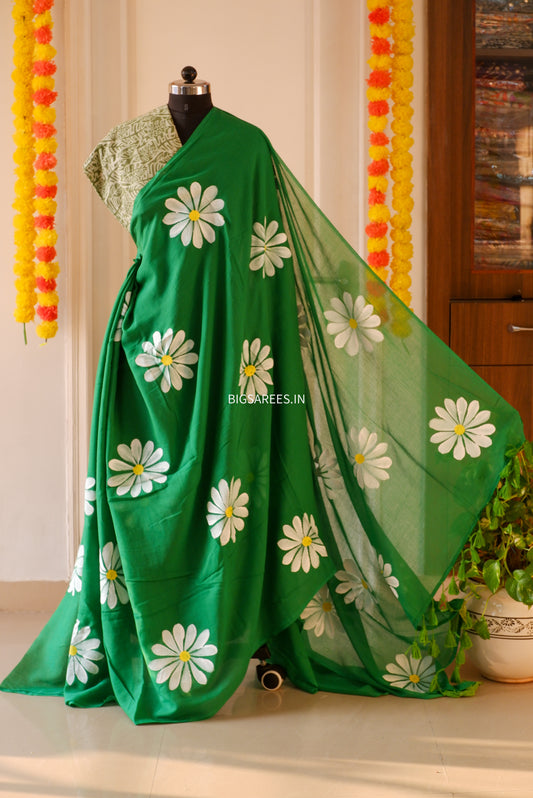 Hand Painted Mul Cotton Saree with Blouse | Green
