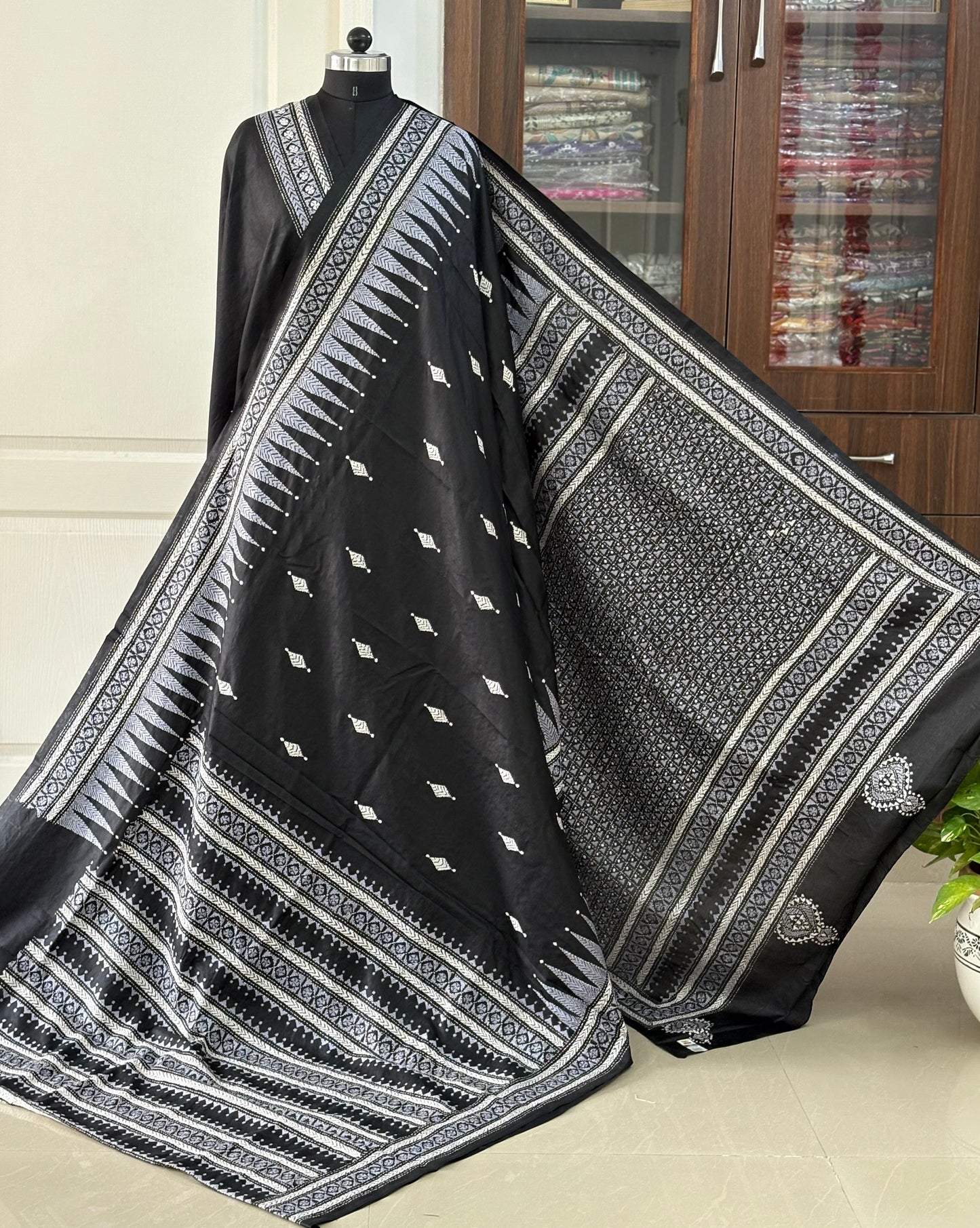 Black Kantha Stitch Hand Embroidered Pure Banglore Silk Saree (Silk Marked)