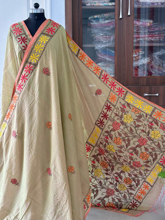 Kantha stitch Hand Embroidered Pure mul Cotton Saree