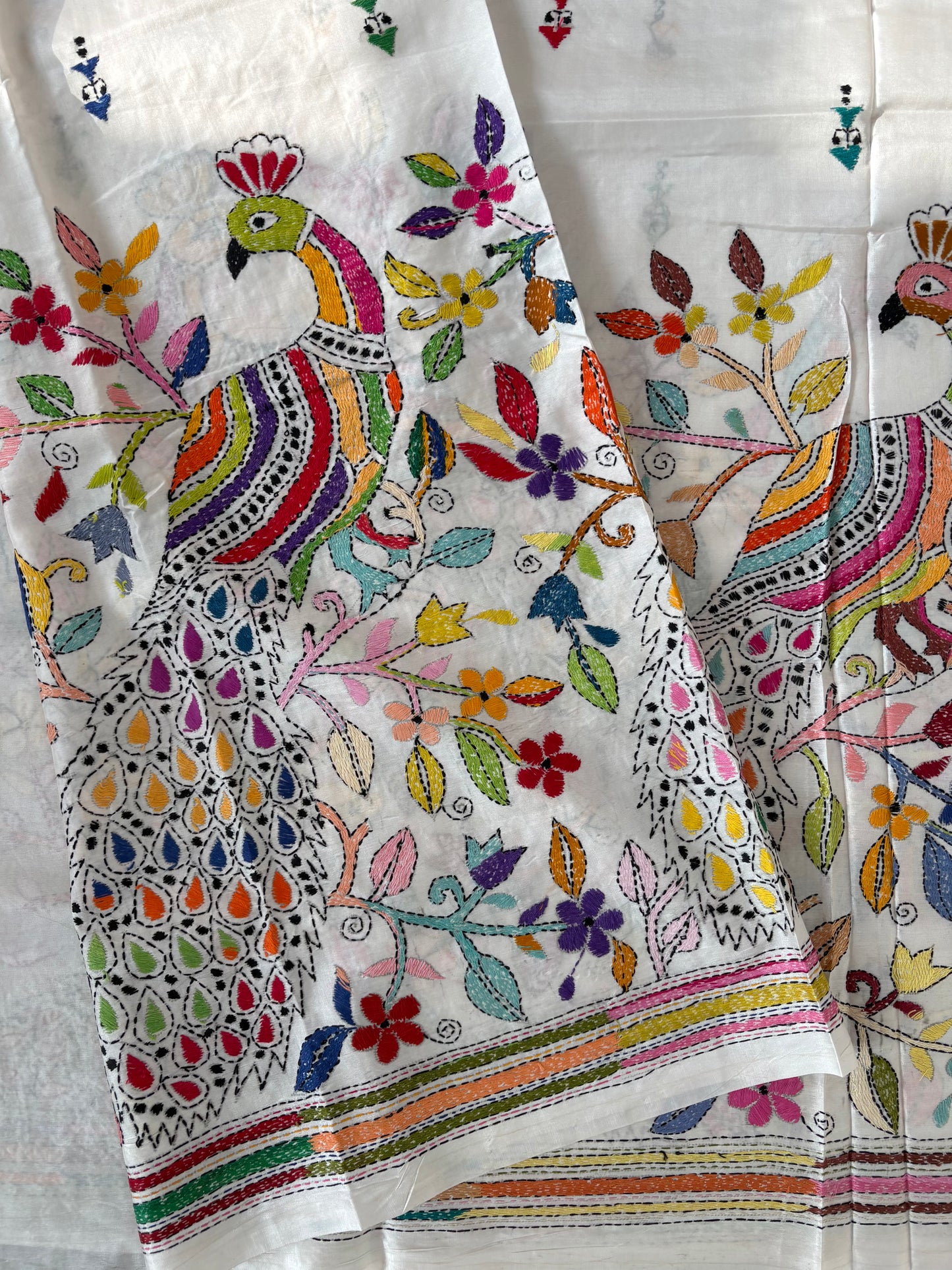 Kantha Hand Embroidered Blended Banglore Silk/Art Silk Saree With Blouse