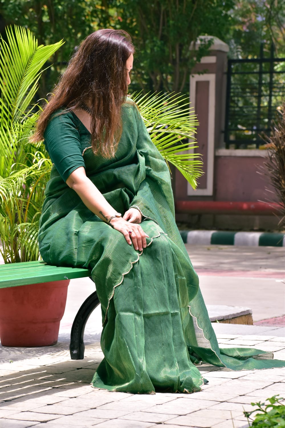 Mul Cotton Saree With Blouse | Gold Stripes | Forest Green