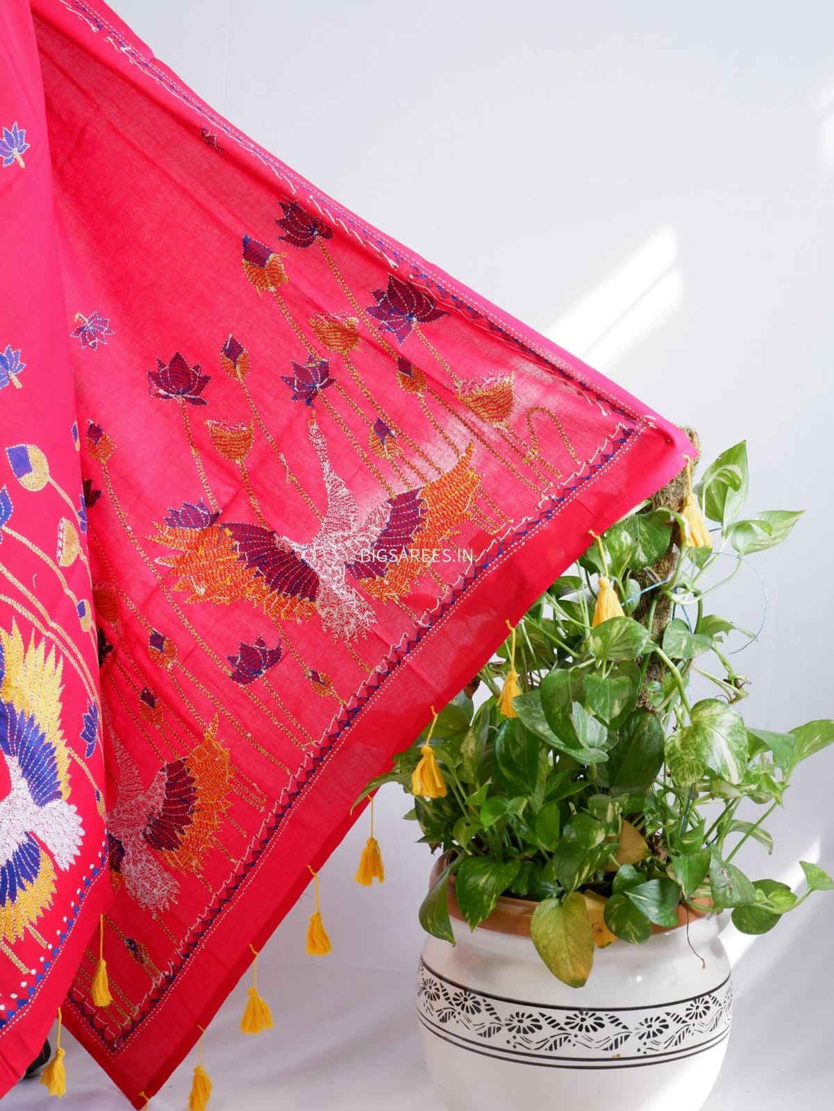 Hand-Embroidered Kantha Stitch Dupatta | Khadi Cotton | Red
