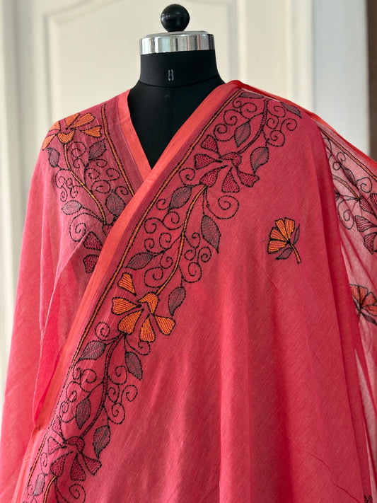 Kantha stitch Hand Embroidered Pure mul Cotton Saree