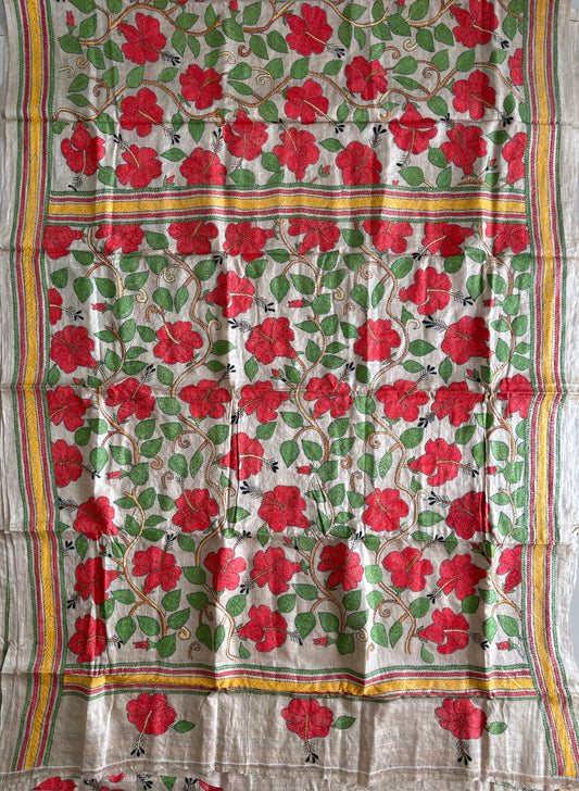 Kantha Stitch Hand Embroidered Pure Gachi by Gachi Tassar Silk Saree (Silk Marked)