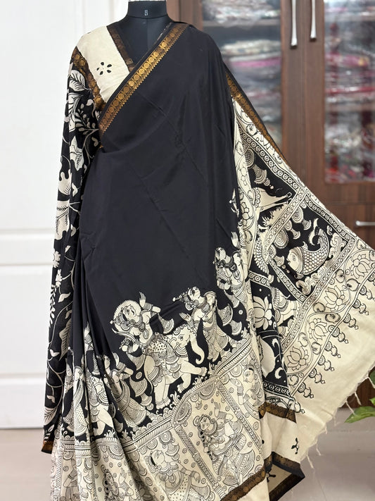 Pen Kalamkari hand painted Mangalgiri Silk black and white Saree with blouse