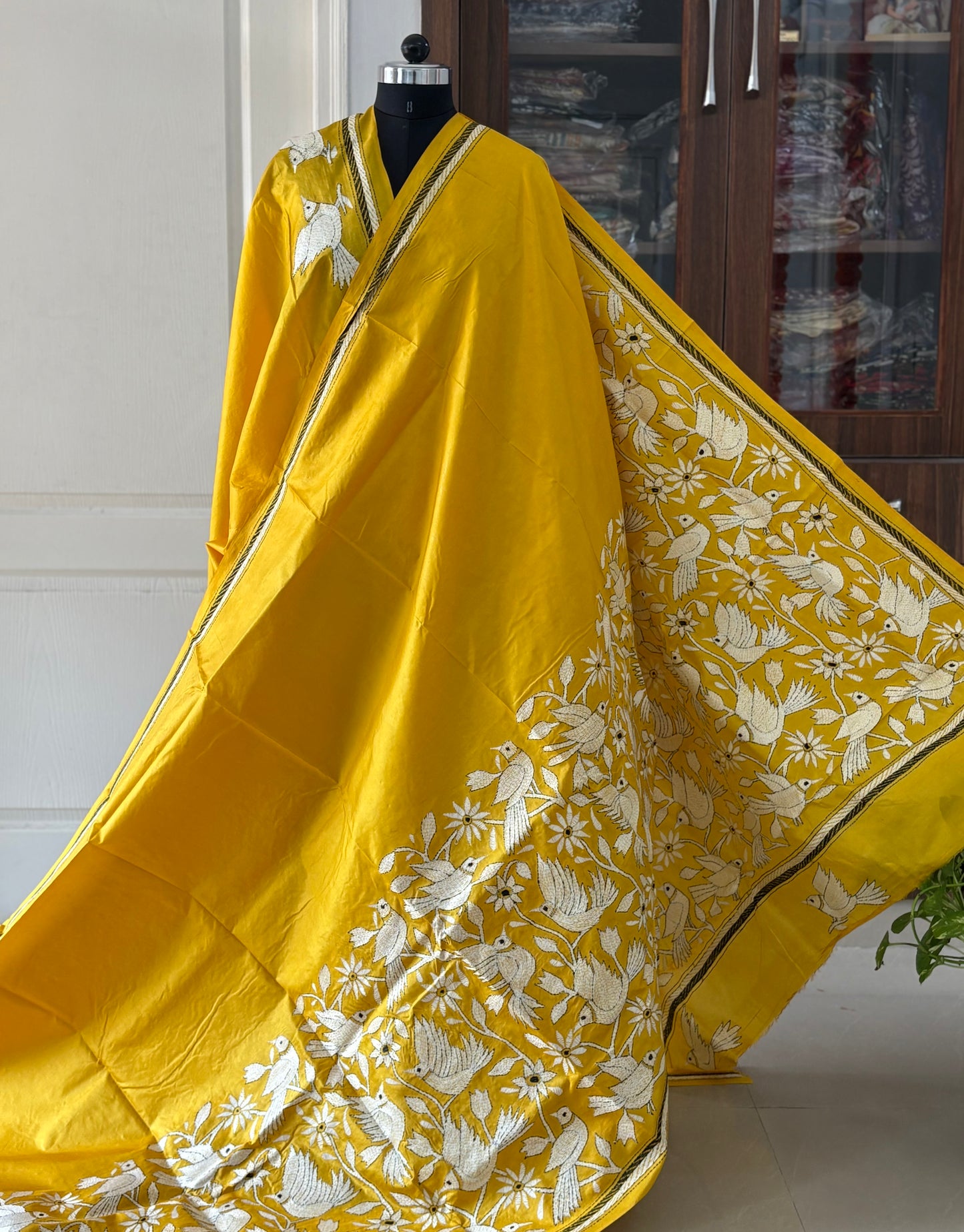 Kantha Stitch Hand Embroidered Pure Banglore Silk Saree (Silk Marked)