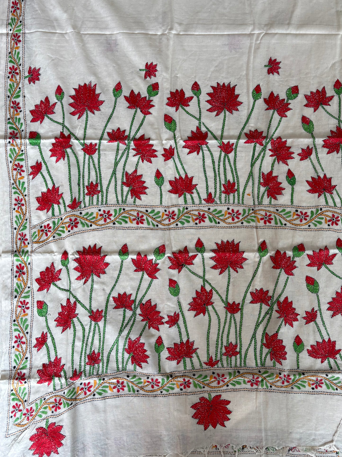 Kantha stitch Khadi Cotton Saree - off white