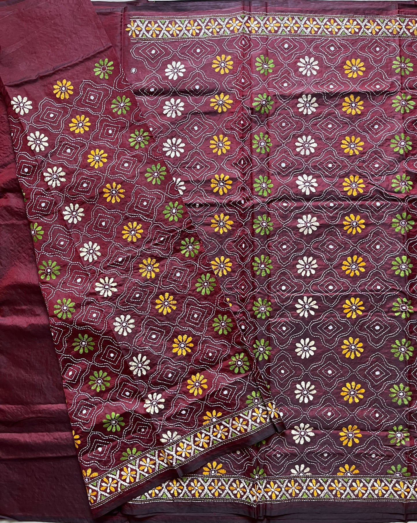 Kantha Hand Embroidered Blended Banglore Silk/Art Silk Saree With Blouse