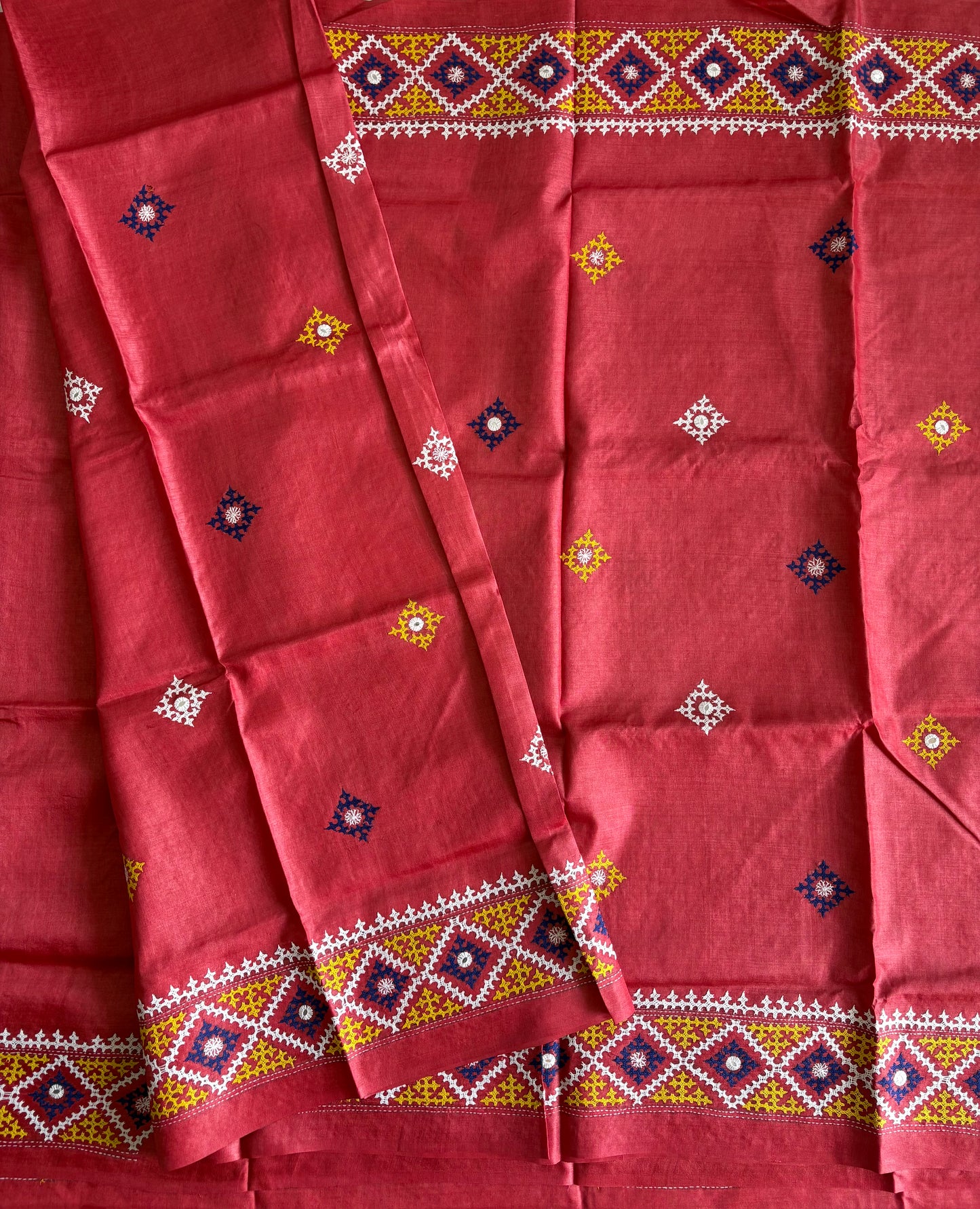 Kutchi Hand Embroidered Saree | Pure Tassar Silk | Silk Marked | Pinkish/Red