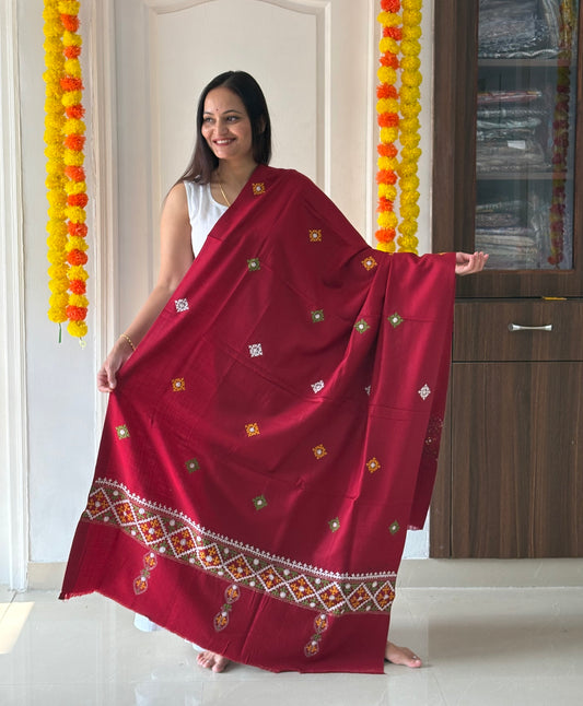 Gujrati Stitch Hand Embroidered Woollen Warm Shawl