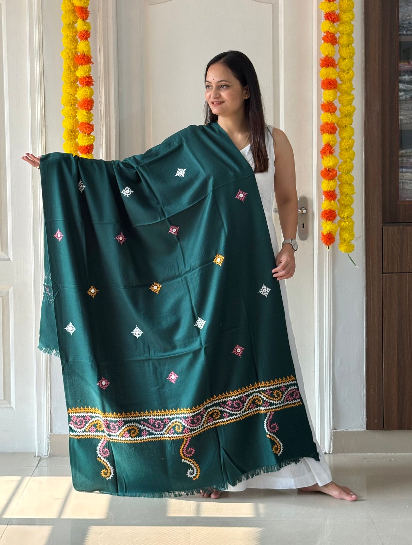 Gujrati Stitch Hand Embroidered Woollen Warm Shawl (Rama green)