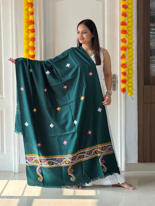 Gujrati Stitch Hand Embroidered Woollen Warm Shawl (Rama green)