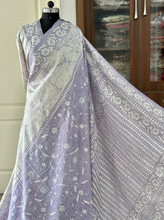 Kantha Stitch Hand Embroidered Art Silk Saree With Blouse