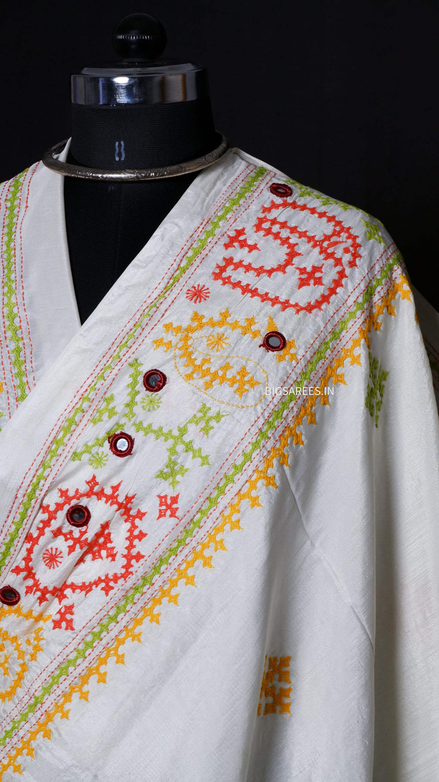 Heavy real mirror work Gujrati Stitch/Kutchi Bharat/Sindhi Hand Embroidered Art Silk Saree with blouse - off white