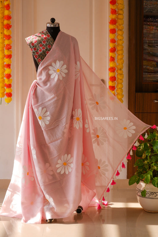 Hand Painted Mul Cotton Saree with Blouse | Pink