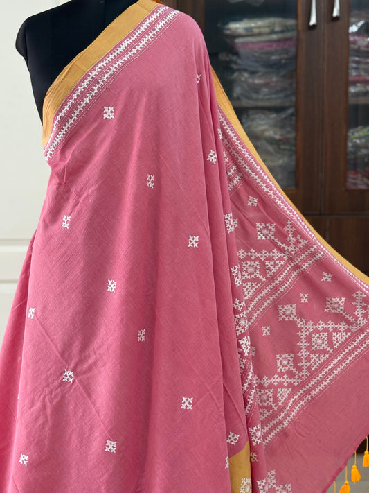 Gujrati Stitch/Kutch Hand Embroidered Mul Cotton Saree