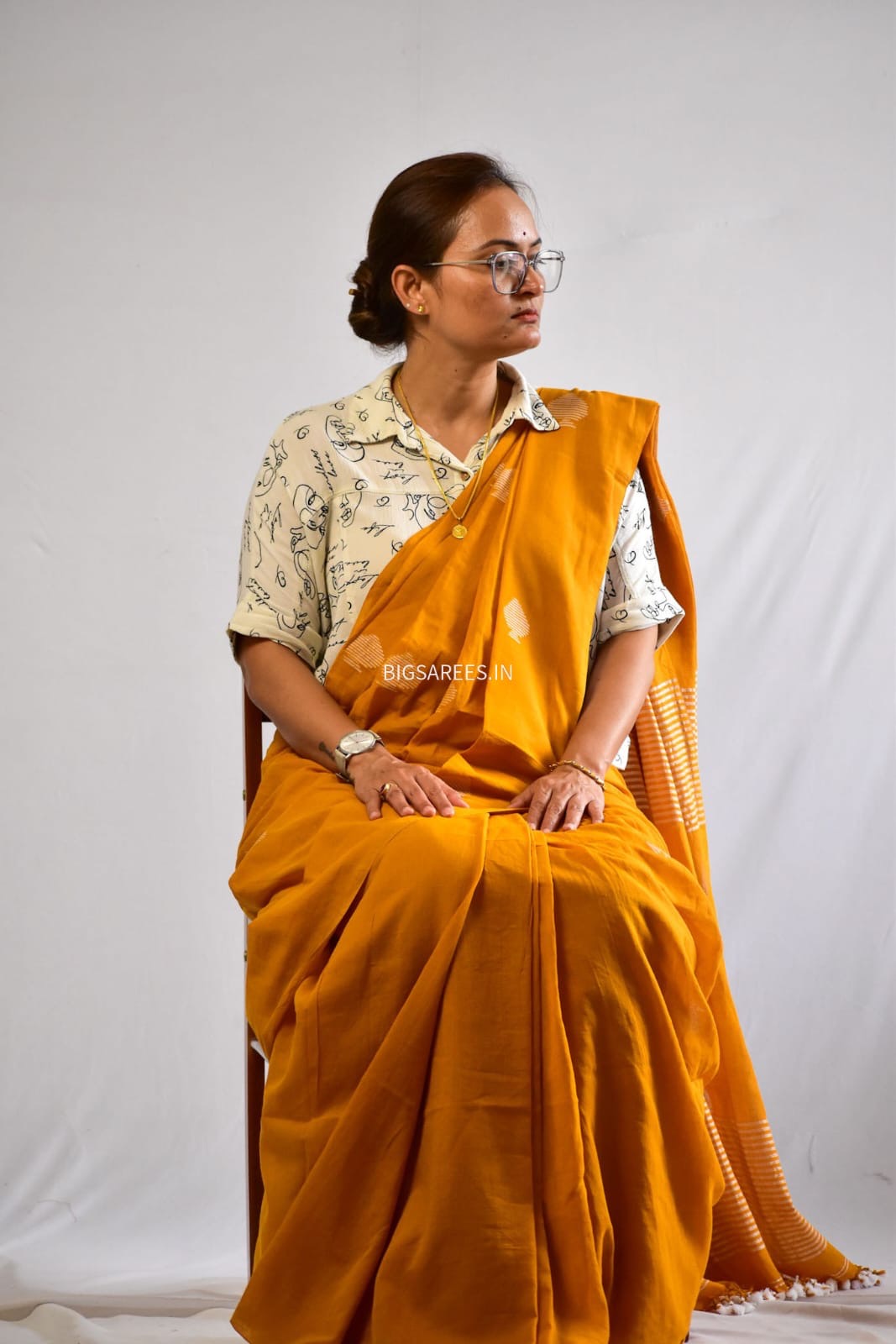 Hand woven Pure Mul Cotton Saree (Handloom Marked) - Mustard
